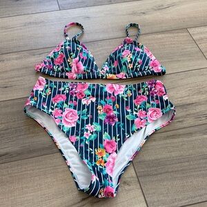 CUPSHE Women’s Floral and Striped High Waisted V Neck Floral Bikini